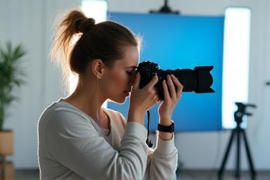Photographe préparant son appareil photo dans un studio lumineux