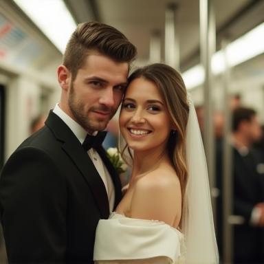Couple de jeunes mariés dans le métro parisien